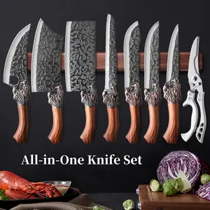 8-piece chef's knife set, multi-functional stainless steel combination set, thickened V-shaped blade, anti-slip imitation wood grain design,. Premium Stainless Steel Cutlery Set Multifunctional Stainless Steel Bone Knife German Steel Magnetic Knife Set