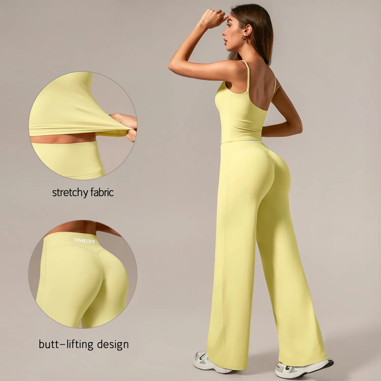 【TIMEOFF】Women Sports 2 Piece Outfit Set, Spaghetti Strap Cami Top & High Waist Wide Leg Pants, Ultra‑Stretchy Fabric, Butt‑Lifting Cut, Prevent Sagging & Constriction, Great For Yoga Training, Gym Workout, Fitness And Daily Casual Wear