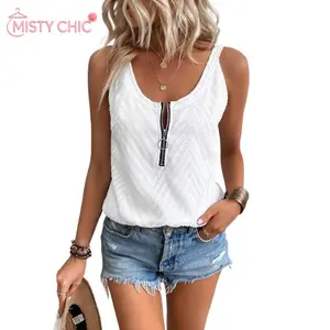 MISTY CHIC Textured Sleeveless Tank Top With Half-Zip V-Neck, Loose Slimming Fit, Perfect For Summer Outings, Office Casual, Beach Trips And Versatile Everyday Fashion Looks