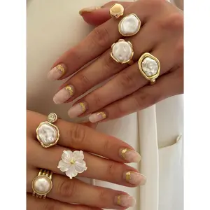 Vintage French Faux Pearl Ring Set Wholesale, Unique High-End Irregular Flower Elegance Hand Jewelry for Women