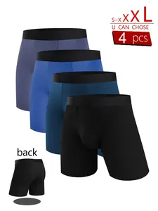 4 Pack Men's Extended Flat Angle Underwear with Breathable Fabric and Anti-Chafing Design, Fitted Long Length Gym Shorts for All Seasons and Casual Use