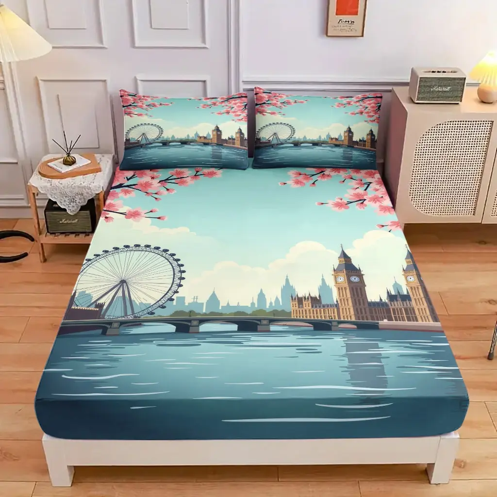 3-Piece Comfortable London Cherry Blossom View Bed Hat Set, High-Definition Digital Printing, Soft And Breathable, 100% Polyester Fiber, Perfect Gift For All Seasons, Suitable For Family And Friends. Clearance Sale