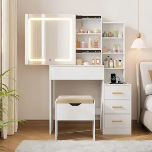 Modern Makeup Vanity Desk with Sliding Mirror, 3-Color Dimmable LED Lights, 4 Drawers and 7 Storage Shelves, Cushioned Stool & Built-in Power Outlet, Multi-Functional Bedroom Dressing Table