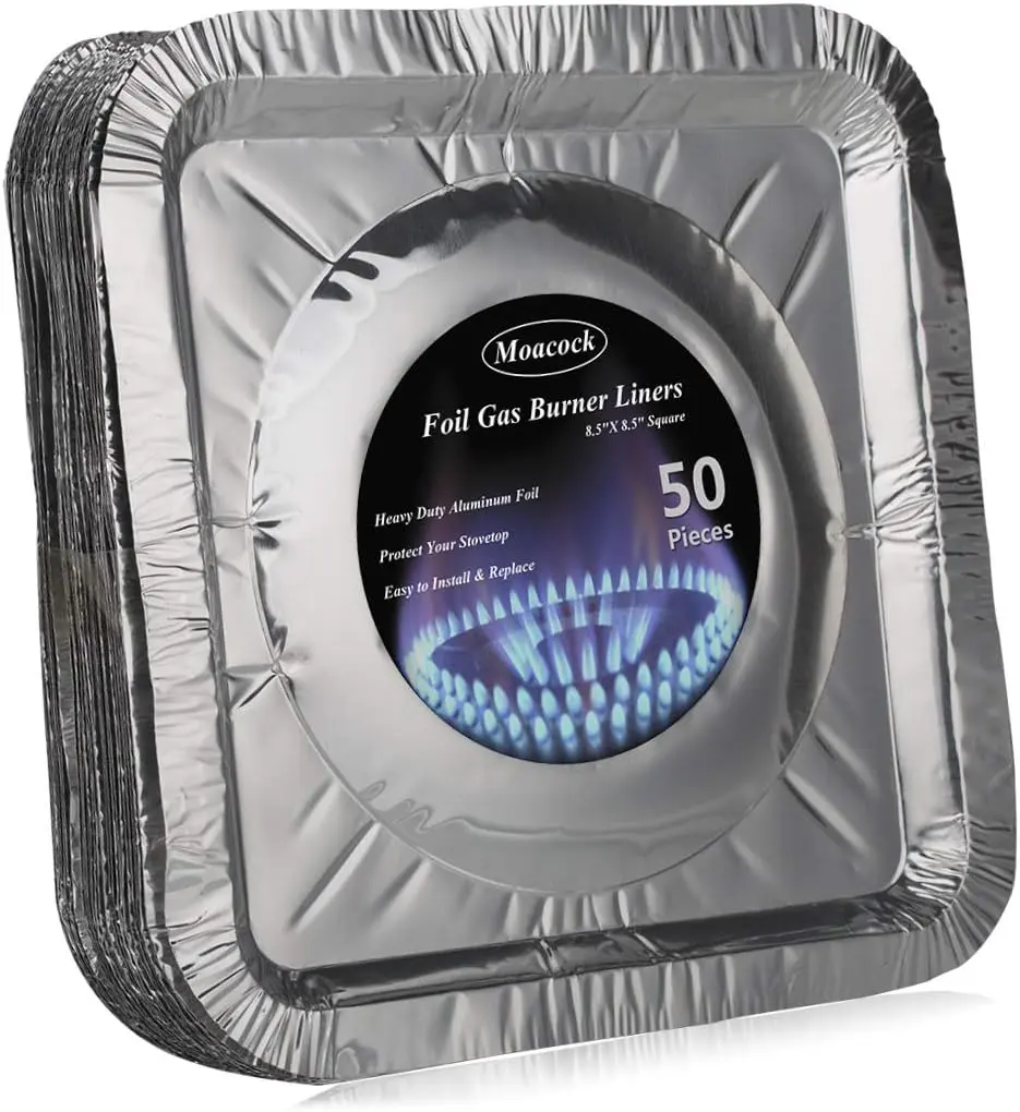 50 Pack Aluminum Foil Square Stove Burner Covers Disposable Heavy Thick Quality Bib Liners Drip Pans Gas Range Top Protectors 8.5”