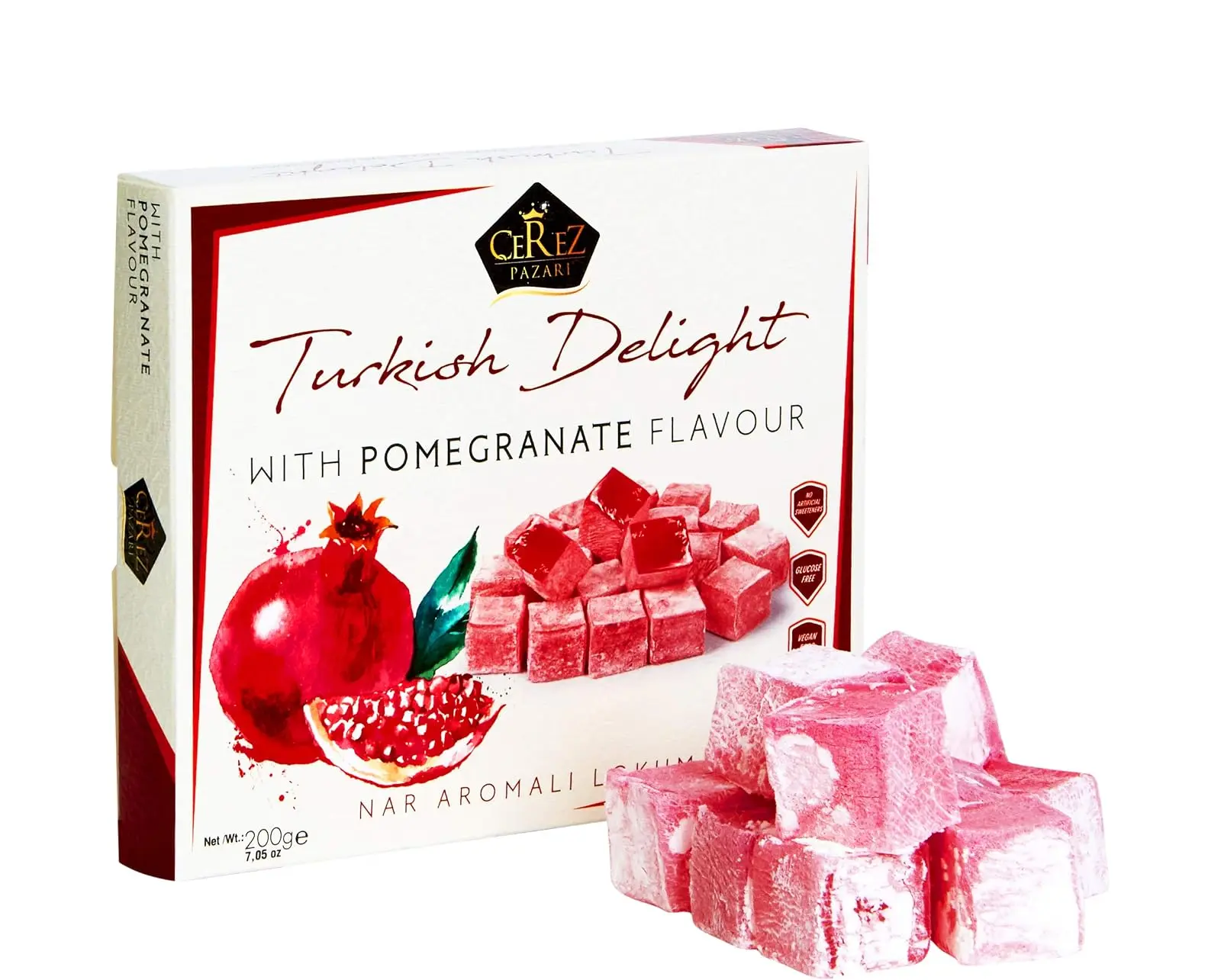 Turkish Delight with Pomegranate Flavour 200 gr Gourmet Small Size Snacks Gift Box No Nuts Sweet Luxury Traditional Confectionery Vegan Candy Dessert Glucose Free Lokum Approx.18 Pcs, Sugar