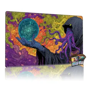 TCG, MTG, CCG RPG trading card game MATS, mystical octopus sorcerer with cosmic orb design, 14×24 inches, non-slip, machine washable, ideal for gaming tables/mouse pads, colorful desktop accessory