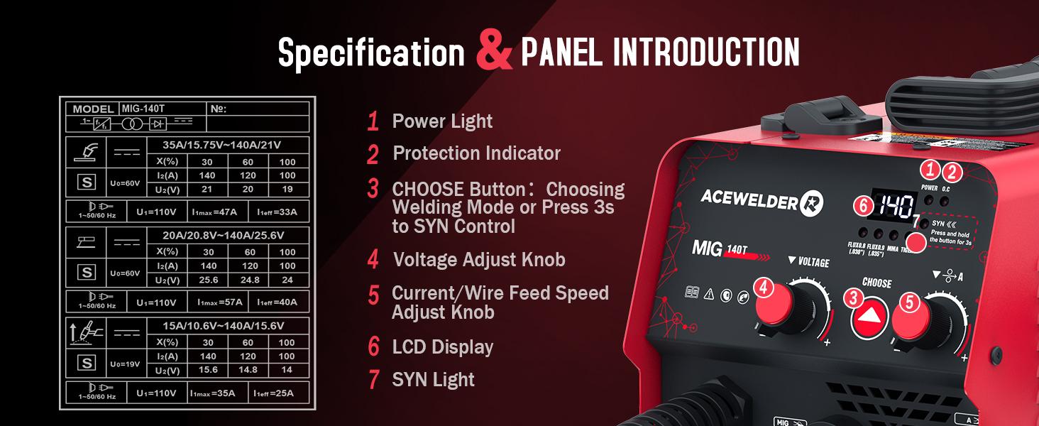 ACEWELDER 140A Gasless Flux Core MIG Welder/Lift TIG/Stick 3 in 1 Welding Machine 110V Portable IGBT Inverter Synergy Welder Machine