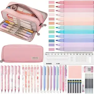 50PCS Morandi stationery set, Art materials, Classroom Supplies, back to school, Large Pencil Case, 8PCS black gel pens, 6PCS Morandi 0.5mm mechanical pencil, 12PCS Color Pastel Highlighters, eraser, ruler, Office School Supplies Gifts for Women Men