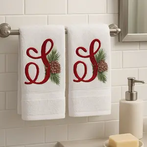 Christmas Embroidered Hand Towel with Red Monogram and Pinecone Design for Festive Bathroom Decor