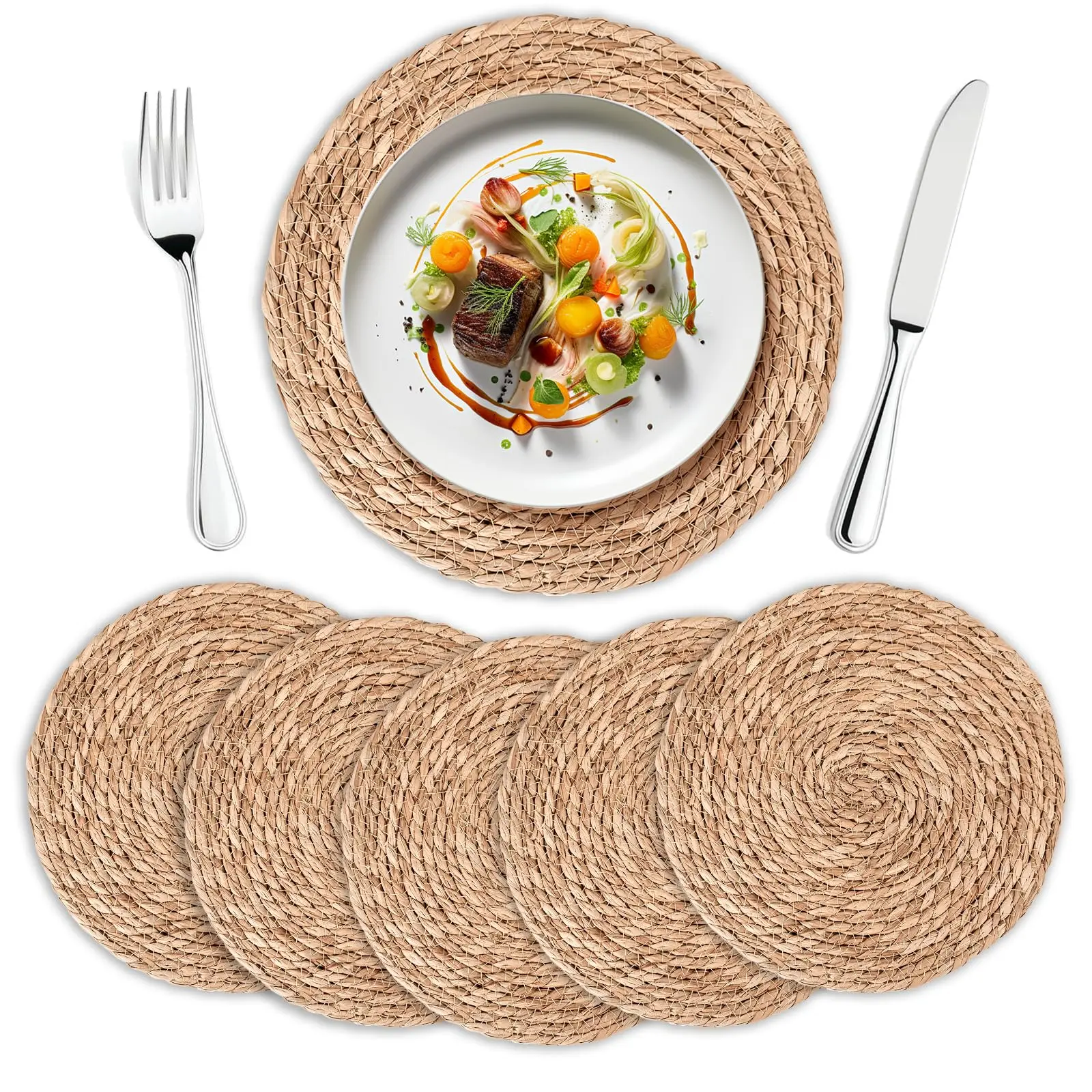 6-Pack Sturdy Stylish Round Woven Placemats Set, Handmade Natural Wicker Tableware, Heat-Resistant Slip Rattan Chargers for Holiday Wedding Home Dinner Plates