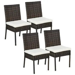 Outsunny 4 PE Rattan Outdoor Dining Chairs with Cushions, Patio Wicker Dining Chairs with Backrests for Porch, Deck, Garden, White