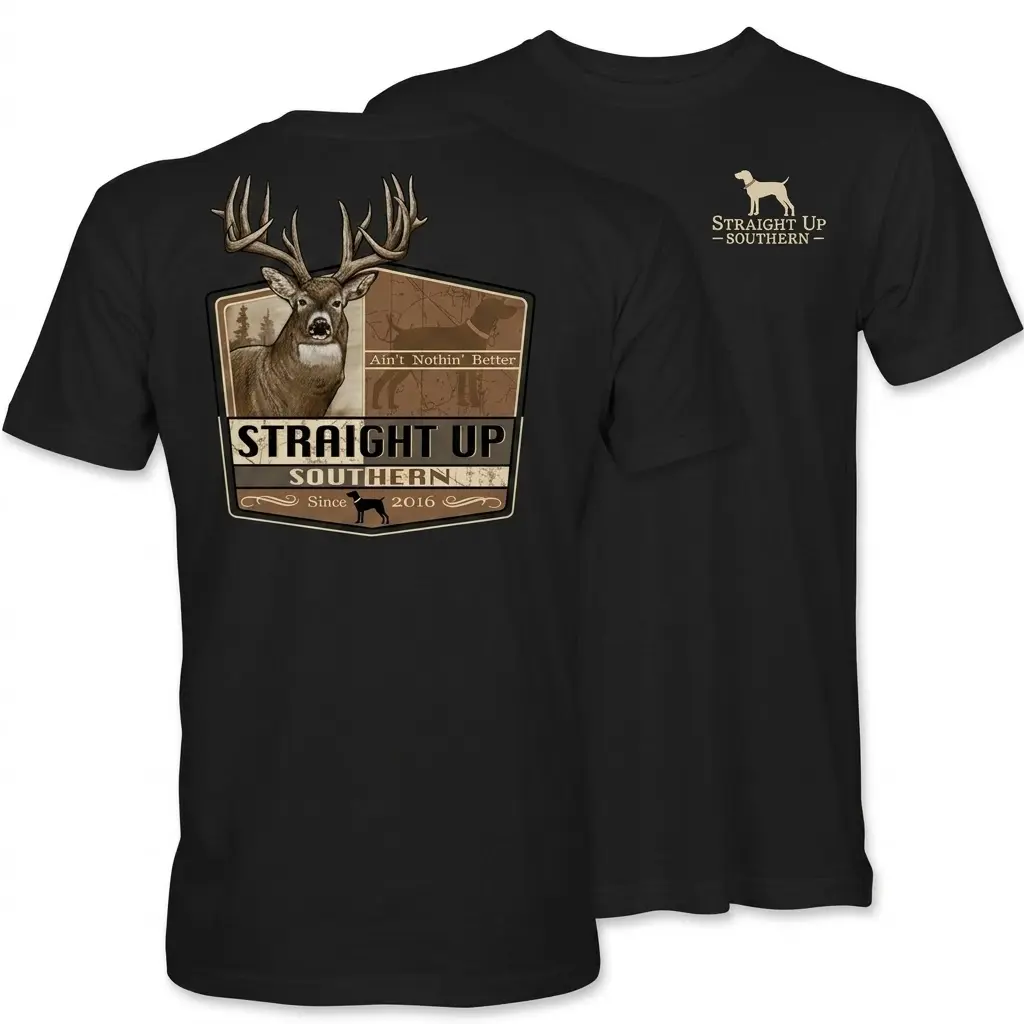 [MADE IN US] Straight Up Southern Deer T-Shirt – Black Graphic Tee Featuring Whitetail Buck Vintage Badge Design, Perfect for Country Lifestyle and Outdoor Fans