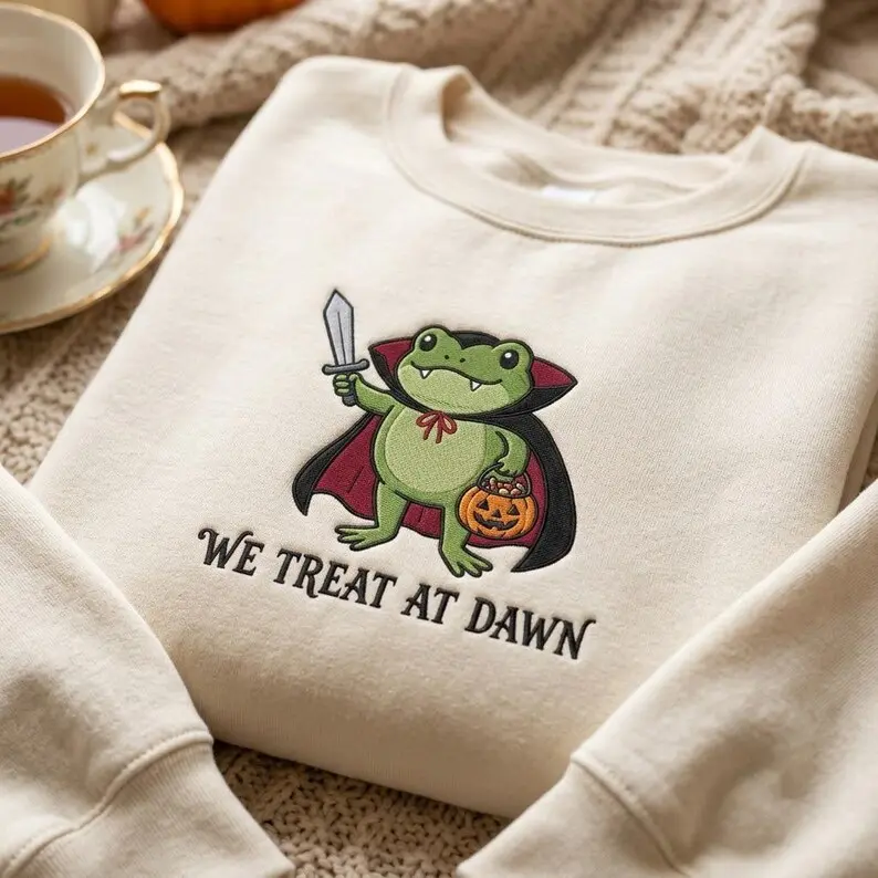 Embroidered Trick or Treat Frog Sweatshirt, We Treat At Dawn Crewneck, Cute Vampire Halloween Pullover, Funny Spooky Season Gift Idea