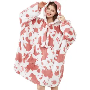 Blanket Hoodie, Oversized Fleece Wearable Blankets for Women and Men Gifts, Cozy Warm and Soft Sweatshirt Blanket with Large Pocket, Pink Cow PrintGift