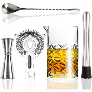Mixing Glass Kit, 24 OZ  Stirring Glass with Stainless Steel Bar Tools - 2 OZ 1 OZ Jigger, Muddler, Strainer, Spoon, Recipe - Bartender Gifts for Men, Elegant Barware for  & Party
