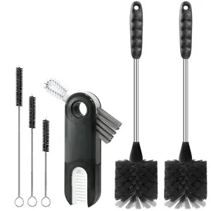 6-Pack Stainless Steel Bottle Brush Set - 3-in-1 Cleaning Tools for Water Bottles, Baby Bottles, Straws & More - Durable Kitchen Cleaning Brushes (Black)