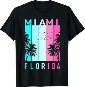 Retro Miami Florida Beach Souvenir Cotton T-Shirt - Classic Stylish Garment with Prints & Graphics, Men's Women's Summer Short-Sleeve Sports Top