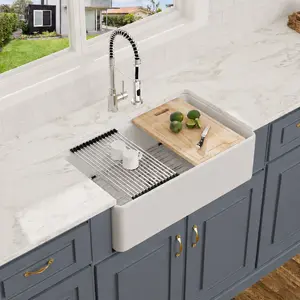Logmey 33" Farmhouse Kitchen Sink White Workstation Fireclay Apron Front Farm Sink Undermount 33" x 20" x 10" Single Bowl White Ceramic Sinks for Countryside Classic Style, Memorial day