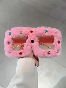 Women's Full Frame Square Glasses, Fashionable Stylish Square Frames Oversized Plush Frames with Colorful Rhinestones, Unique Eyeglasses for Men and Women, Stylish Trendy Eyewear