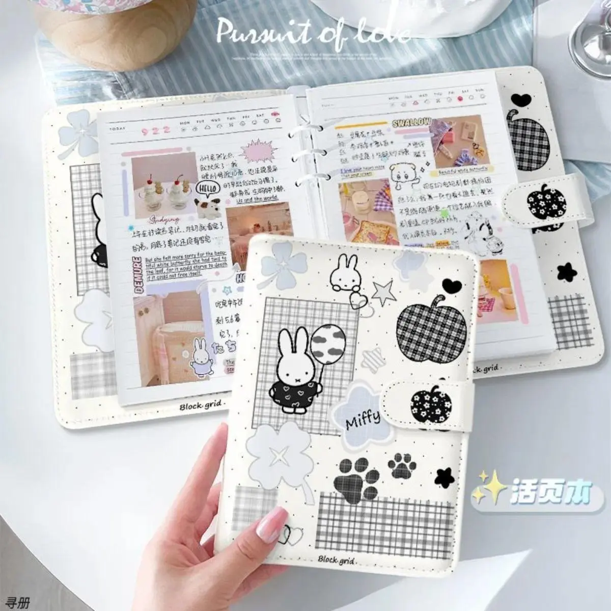Kawaii Miffy Rabbit Notebook A6 A5 Notebook with Magnetic Buckle Soft Leather Ins Planner Detachable A6 Loose-leaf Notebook