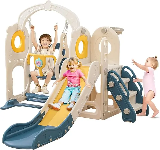 Toddler Slide and Swing Set, 6 in 1 Kids Indoor Outdoor Playground with Climber, Basketball Hoop and Toy Storage for Boys and Girls Aged 1+