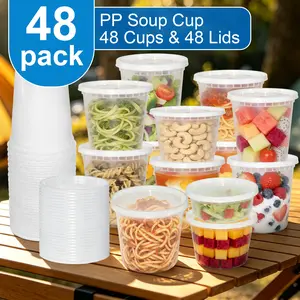 48 sets of disposable plastic portable packaging soup cups, heat-resistant with lids for takeout, reusable, sealed and leak-proof, microwaveable, available in 8/16/24/32 ounces, suitable for family gatherings, kitchen cooking, and outdoor camping picnics.
