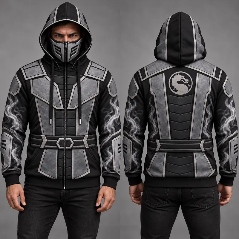 Mortal Kombat Smoke Hoodie, Men’s Black & Gray Ninja Armor Print Full ...