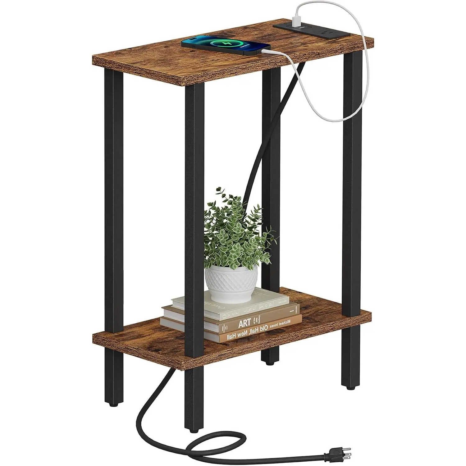 TUTOTAK Industrial Narrow Side Table - 2-Tier Shelf Small End Table with Charging Station, Charging Ports, Simple Setup