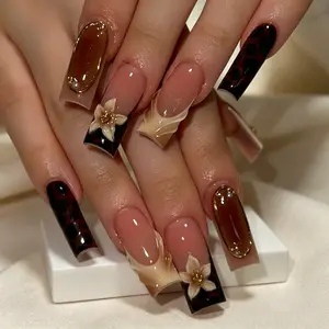 24pcs Spring Summer Long Trapezoid Leopard Print 3D Flower Nail Tips, Reusable Press-On Nails for Parties, Daily Wear, Travel, Music Festivals