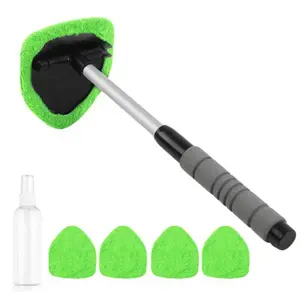 Windshield Cleaning Tool, Car Interior Window Cleaning Kit with Extendable Handle & 3Microfiber Pads, Auto Inside Glass Wiper Kit for Car & Home Windows