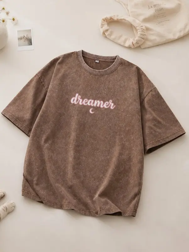 Oversized Graphic T Shirts for Women Men Vintage Washed Unisex Tees, 100% Cotton Drop Shoulder Dreamer Moon Cursive Font Retro Soft Casual Streetwear Shirt Tops Crew Neck