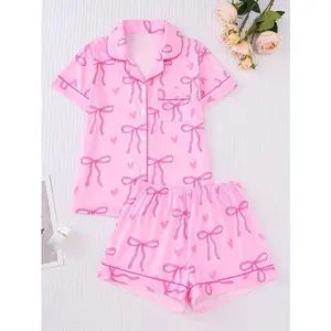 Pink Bow Tie Women's Two Piece Sleepwear Set with Short Sleeves, Elastic Pants & Cardigan for Casual Outdoor Wear