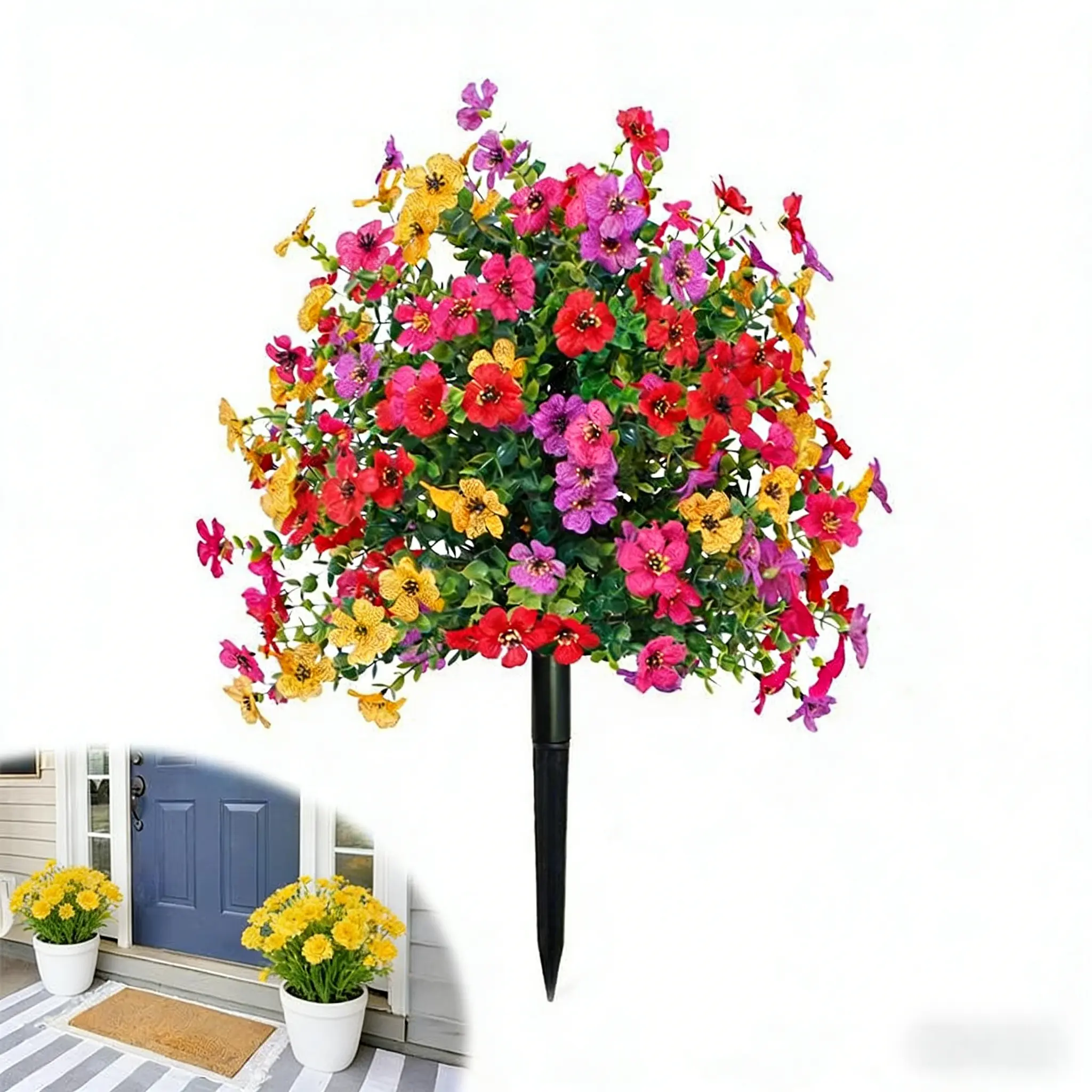 Artificial Flower Ball, Simulation Morning Glory, Eucalyptus & Violet Bouquet, Spring Garden Yard Ground Insert Decor, Potted Fake Green Plants for Home Patio Decoration