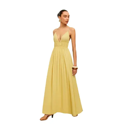 Yousify Women's Basic Plain Minimalist Deep V-Neck Spaghetti Strap Sleeveless Backless Ruched Maxi Dress - Durable Beach Holiday Dress, Cold Wash, Do Not Dry Clean, Summer Coffee Date Wear (No Iron)