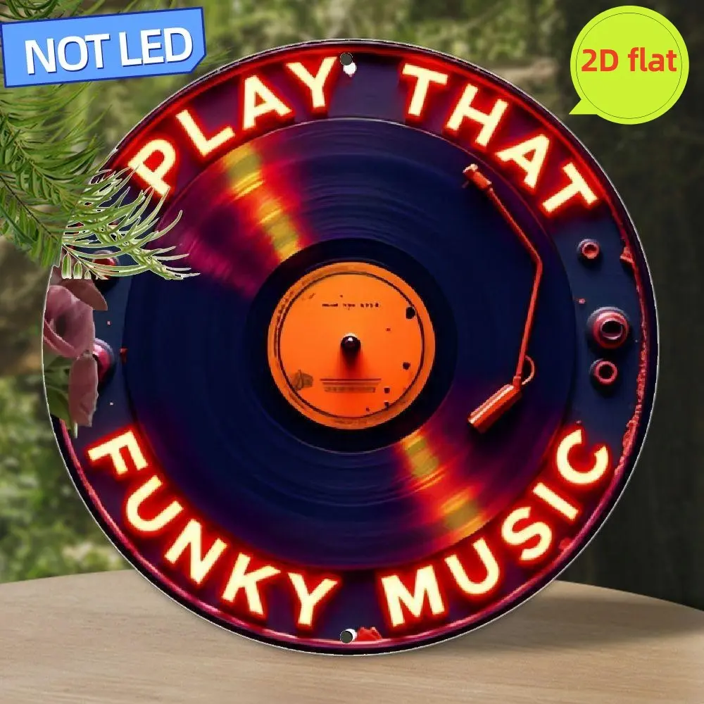 1pc Retro 8x8" Vintage Record Neon Sign - Funky Music Metal Wall Art with "PLAY THAT FUNKY MUSIC" Design, Aluminum Material for Home, Garage, Cafe, Dining Room Decoration, Neon Signs for Wall Decor