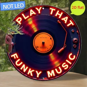 1pc Retro 8x8" Vintage Record Neon Sign - Funky Music Metal Wall Art with "PLAY THAT FUNKY MUSIC" Design, Aluminum Material for Home, Garage, Cafe, Dining Room Decoration, Neon Signs for Wall Decor