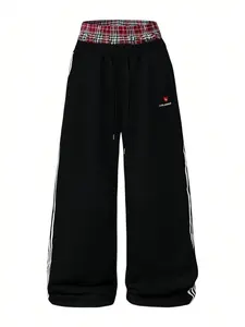 Trendy Unisex Loose Fit Pants, Black Wide Leg Trousers with Checkered Waistband and Side Stripes for Casual Urban Wear, Casual Work Pants