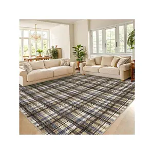 Blue Camel-9*12 feet  Modern Plaid Machine Washable Area Rug Non Slip Non Shedding Throw Rugs Stain Resistant Pet Friendly For Bedroom Living Room Low Pile Ultra Thin Flodable Indoor Carpet For Dining Room Kitchen Nursery