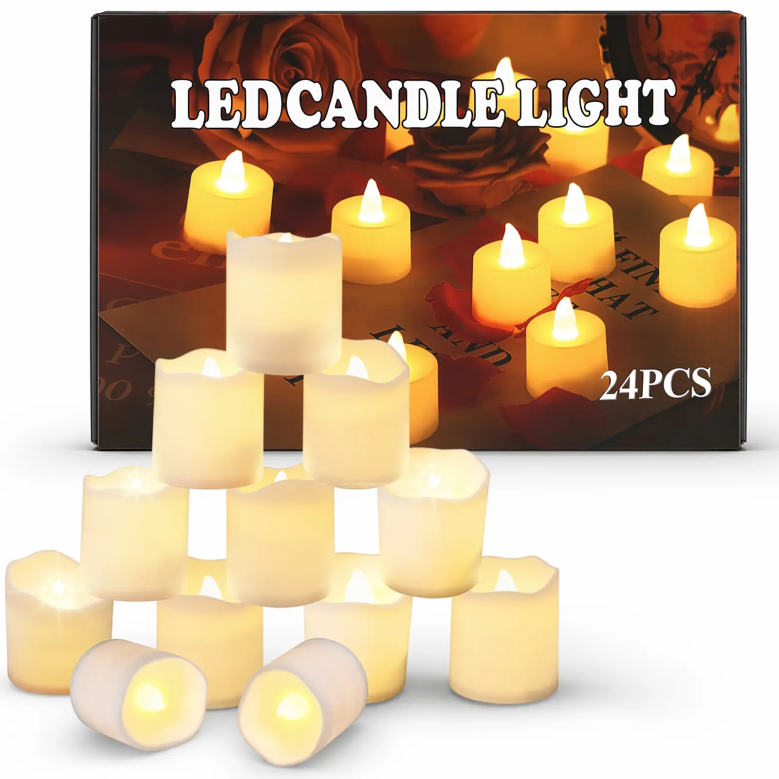 24-Pack Flameless Electronic Votive Candles, Warm White Flickering LED Tea Lights, 200+ Hour Long-Lasting Battery-Operated Fake Candles for Wedding, Home Decor (Sports & Outdoor Leisure Use Compatible)