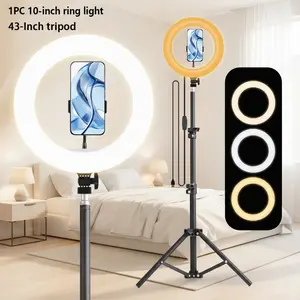 10-Inch/26cm Selfie Video Light with 43.3-Inch Extendable Tripod Stand & Phone Holder for Video Recording Makeup TikTok Photography Adjustable LED Circle Lighting Setup#valentines day#Mother's Day Gift