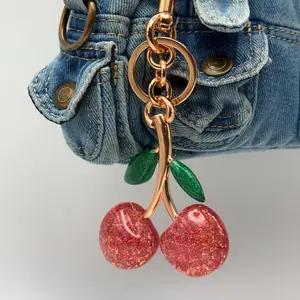 Glitter Cherry Keychain with Rose Gold Stem – Sparkly Red Resin Fruit Charm with Green Leaves | Cute Bag Accessory or Gift