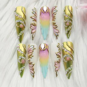 Fantasy Fairycore Press on Nails 3D Pastel Rainbow Crystal Pearl Charm