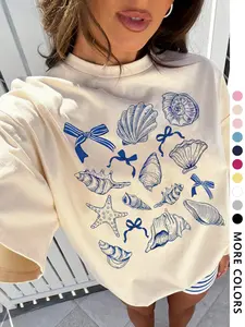 Women's Starfish & Shell Print Round Neck Tee, Casual Fashion Streetwear T-shirt for Daily Wear, Ladies Clothes for All Seasons, Top, Womenswear