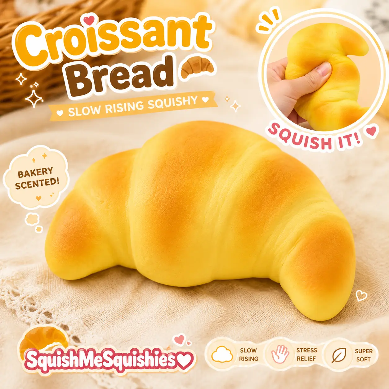 Croissant Bread Squishy – Slow Rising Bakery Scented Stress Relief Sensory Toy | Soft Kawaii Fidget