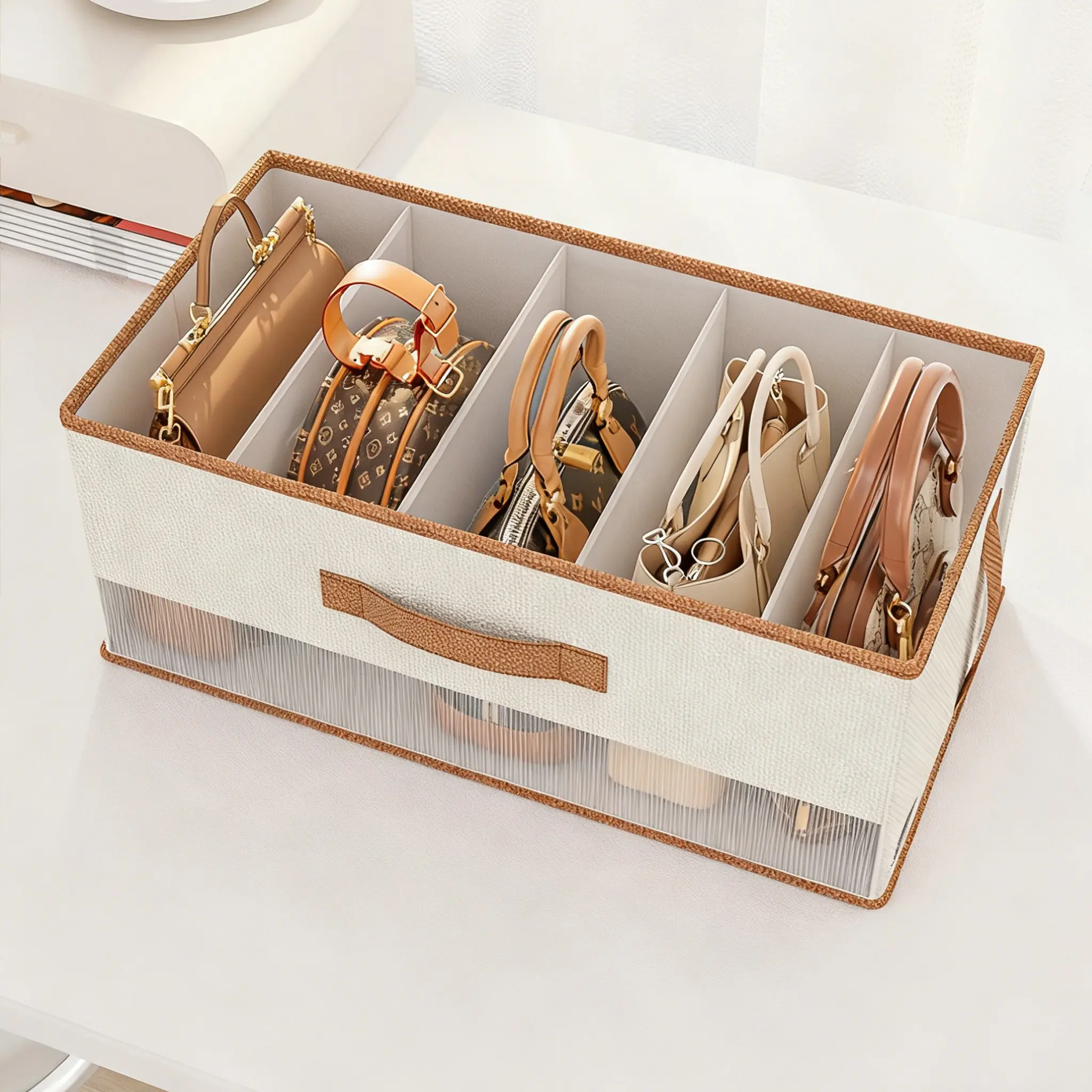 Foldable Storage Basket Organizer, Collapsible Storage Organizer, Small Bag Holder with Mesh Window, PU Handle, Ideal for Home, Closet Organizers, Bags, Jeans, Shirts
