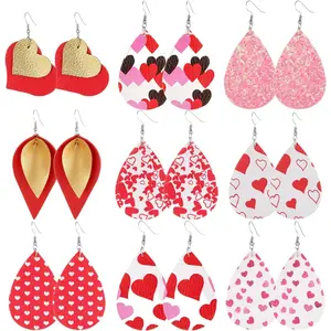 Valentine's Day Earrings for Women,Valentine's Day Faux Leather Earrings Heart  Teardrop Dangle Drop Earrings Set Holiday Earrings for Women