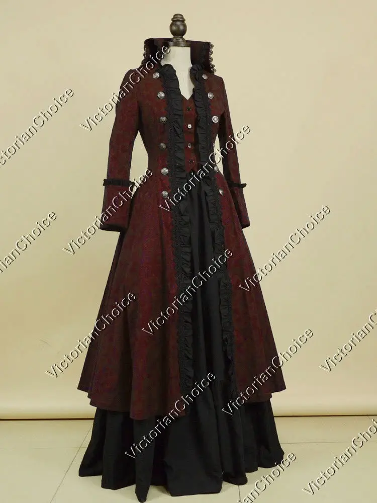 Victorian Steampunk Military Gothic Penny Dreadful Vanessa Coat Dress, Women's Captain Hook Pirate Costume, Horror Vampire Halloween Costume