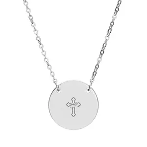 ​Hearing Heart Jewelry Signature Emblem Circle Necklace - Minimalist Engraved Cross and Heart Faith Pendant