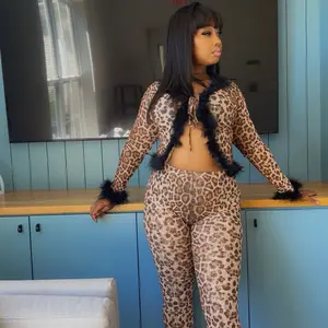 Leopard Print Mesh Two Piece Pants Set with Fur Trim Accents for Stylish Look