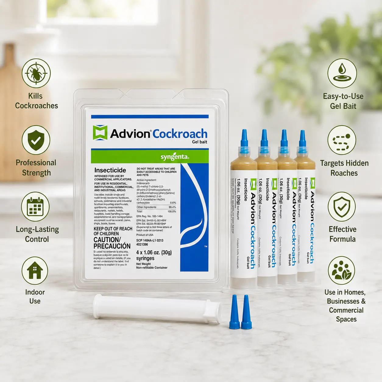 Advion Cockroach Bait Gel - 4 Tubes (30g Each) with 1 Syringe and 2 Tips, Indoor & Outdoor Pest Control for Home Insect Elimination